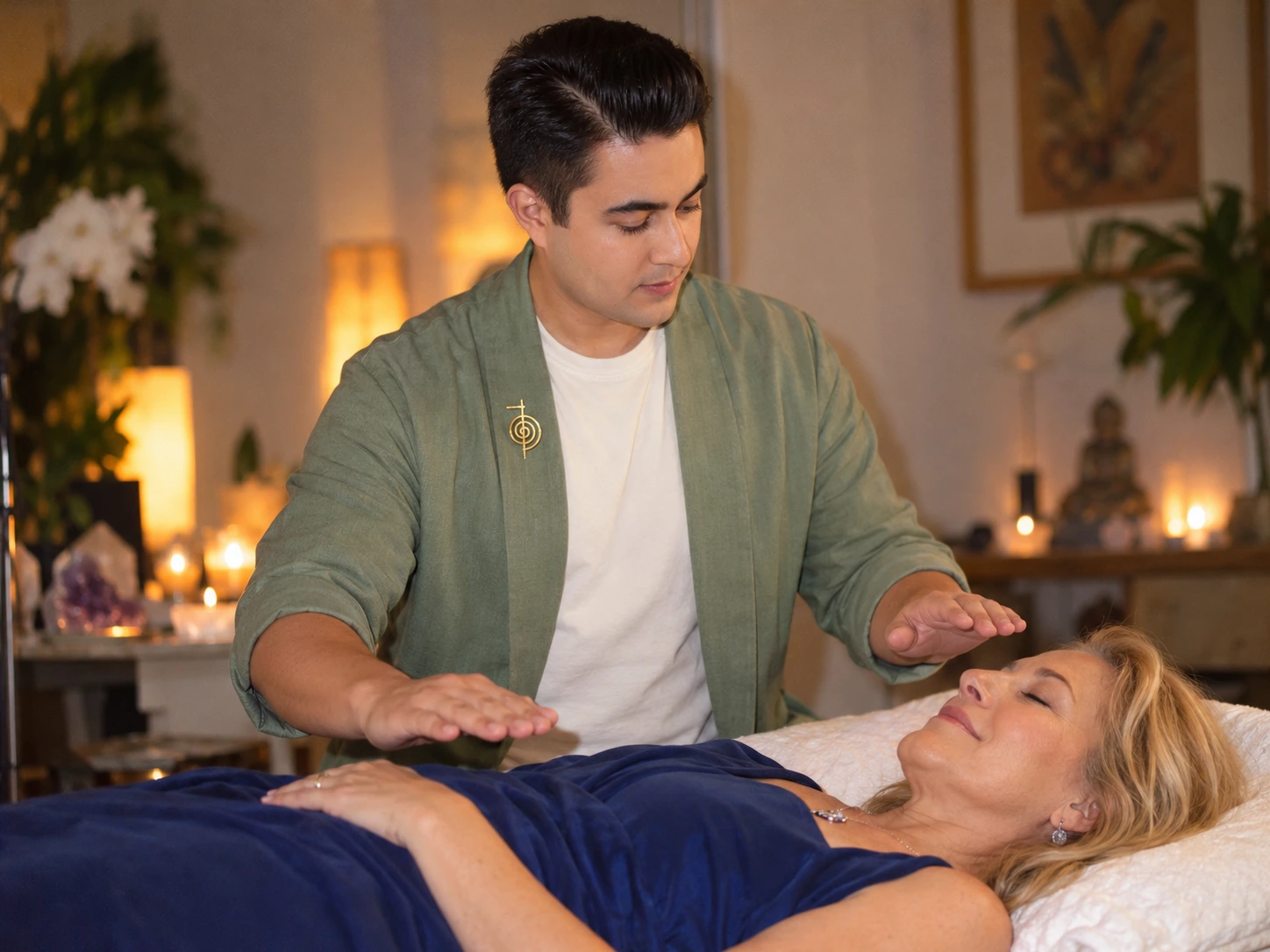 Igor Davis performing Reiki with his hands above a client resting peacefully during a healing session