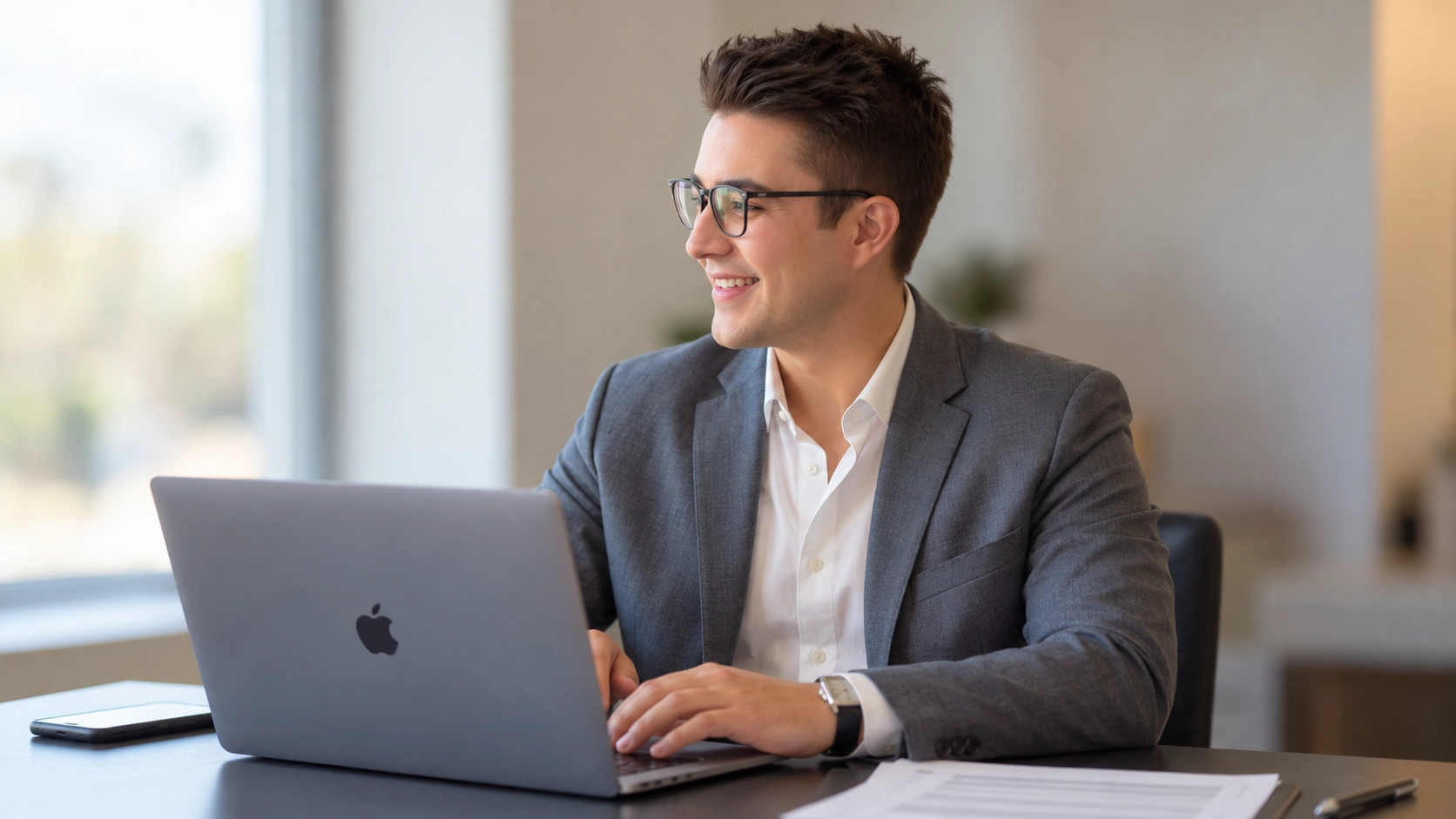 Smiling professional working at a laptop in a bright modern office