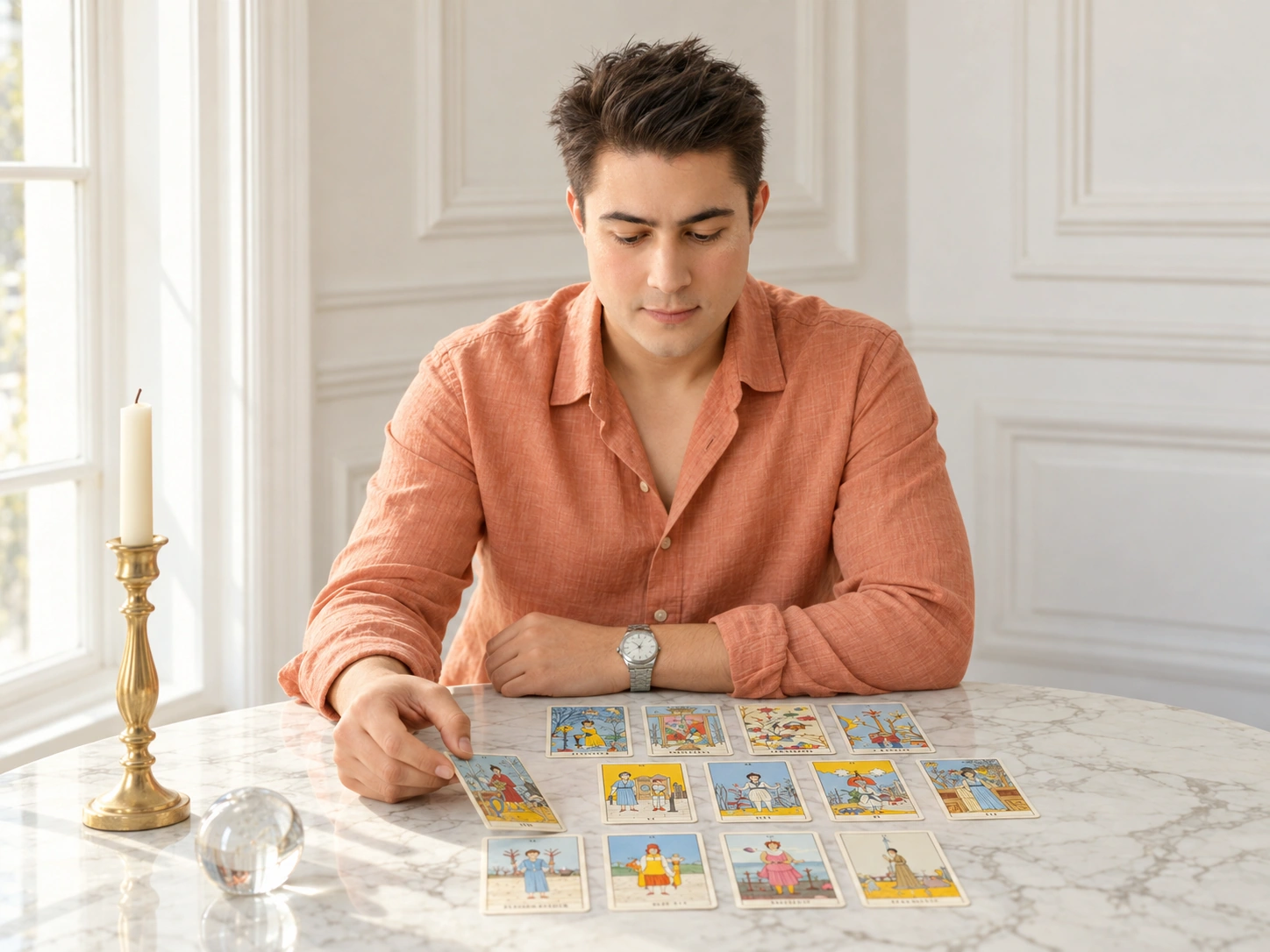 Igor Davis laying out tarot cards at a marble table in sunlight, with sessions worldwide from St. Augustine, Florida