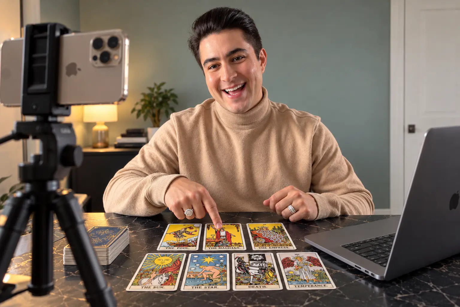 Igor Davis smiling at his desk during a live online tarot reading, pointing to The Magician card with a phone on a tripod and laptop beside him