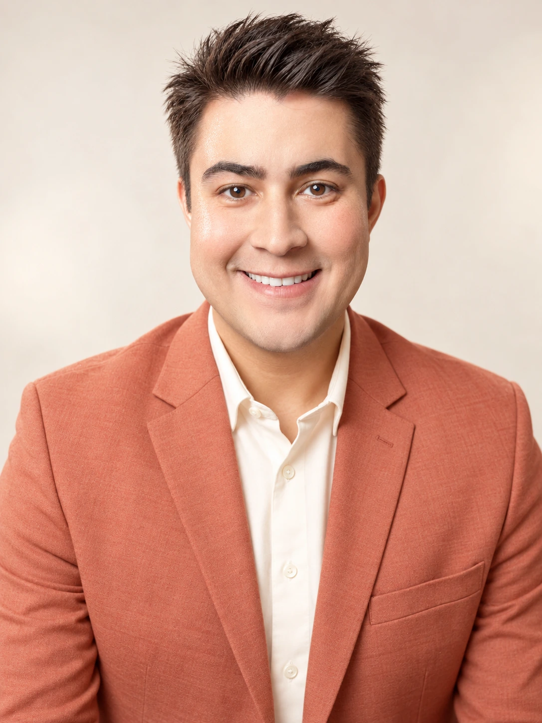 Igor Davis smiling in a coral blazer, oracle and spiritual guide based in St. Augustine, Florida