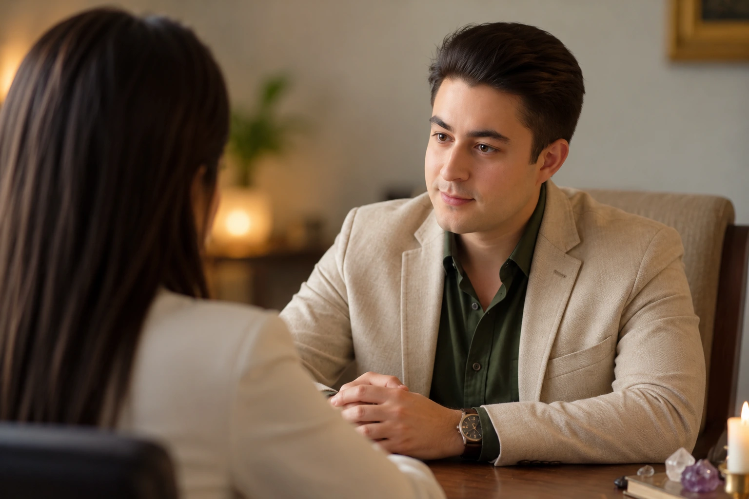 Igor Davis listening attentively to a client during a warm spiritual counseling conversation