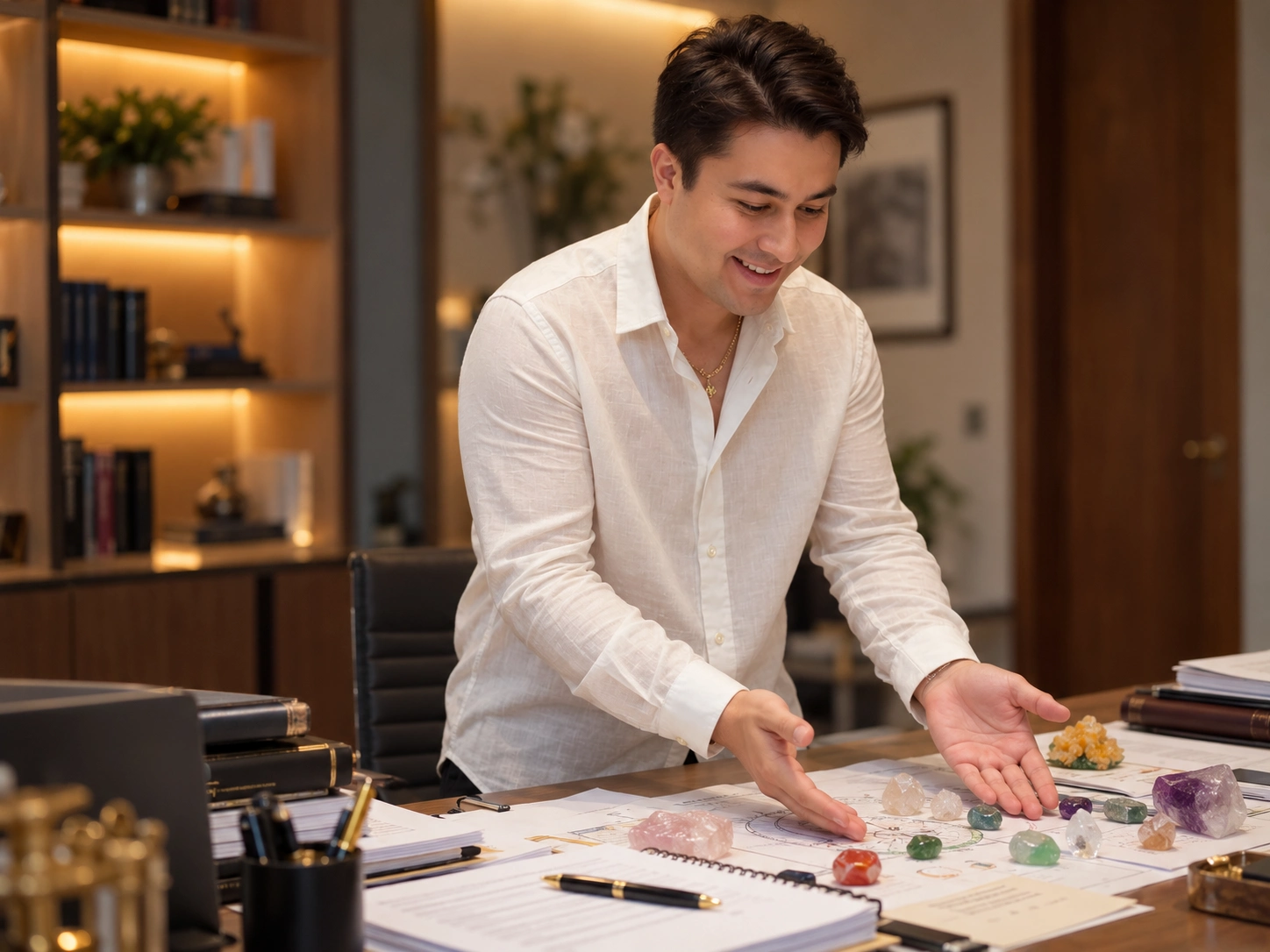 Igor Davis in a white linen shirt gesturing over energy charts and healing stones on an executive desk