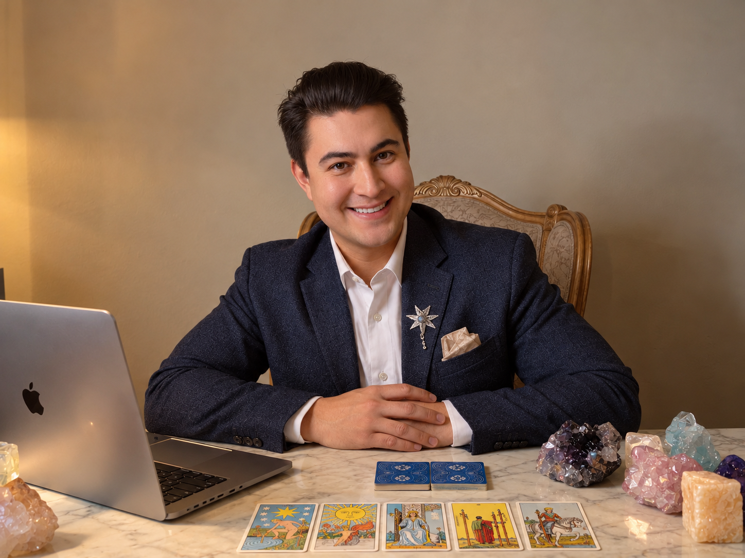 Portrait of Igor Davis, oracle and psychic healer, at his tarot reading table with candles, crystals and an angel figurine